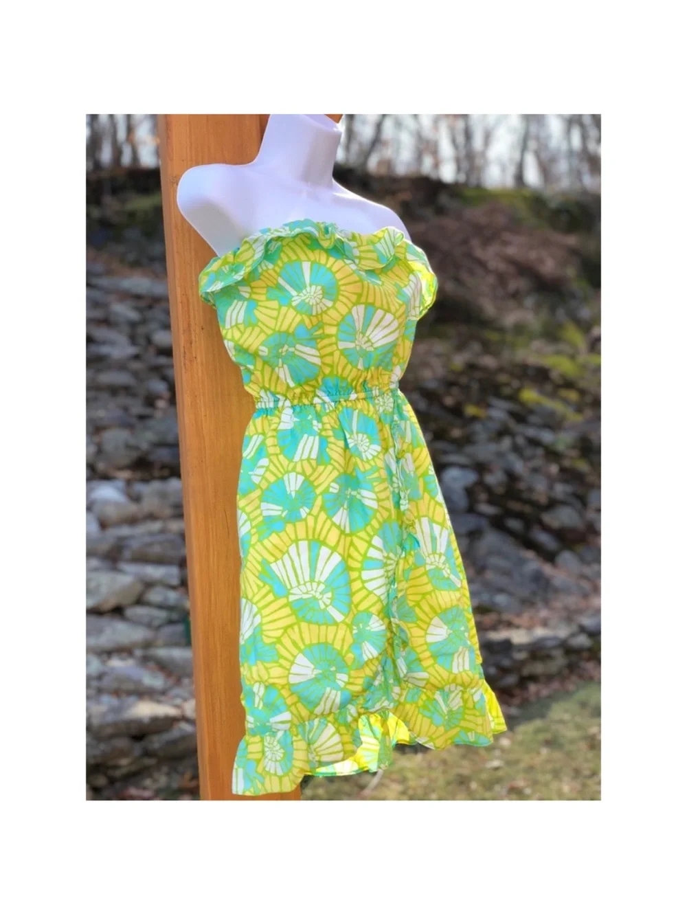 SOLD LILLY PULITZER Yellow Green On The Half Shell Ruffled Strapless Dress SOLD - Picture 1 of 8